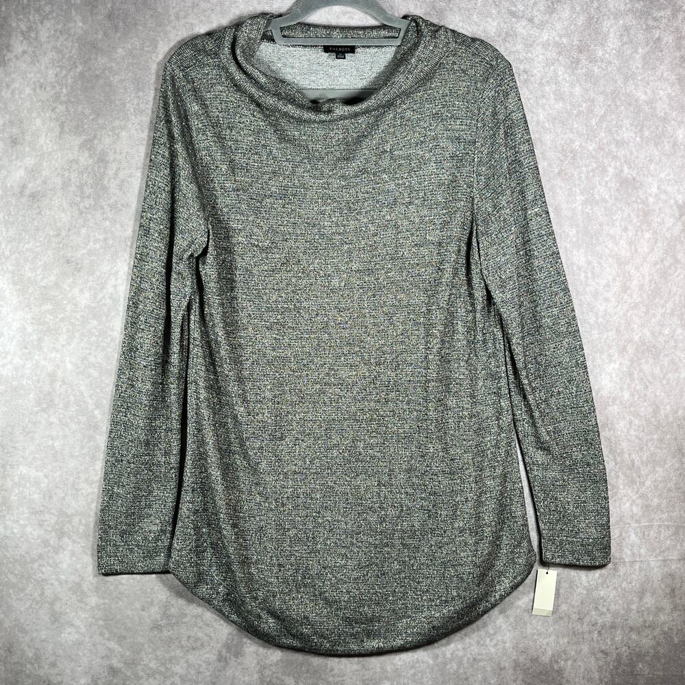 Talbots Sweater Womens Medium Gray Gold Metallic Knit Cowl Neck Long Sleeve‎ NEW